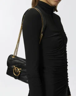 Baby Love Puff Bag in pelle nera a motivo quilted con tracolla a catena dorata e fibbia Love Birds