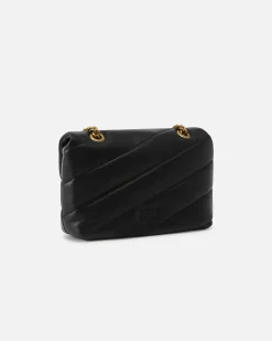 Baby Love Puff Bag in pelle nera a motivo quilted con tracolla a catena dorata e fibbia Love Birds