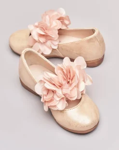 Ballerina da cerimonia in pelle cipria sfumata con fascetta e applicazione floreale 30-32