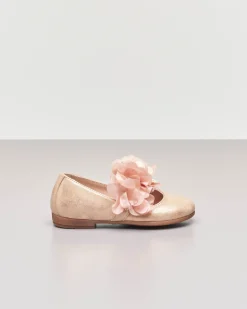 Ballerina da cerimonia in pelle cipria sfumata con fascetta e applicazione floreale 24-29