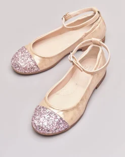 Ballerina da cerimonia in pelle cipria sfumata con inserto glitter sulla punta 30-34