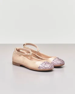 Ballerina da cerimonia in pelle cipria sfumata con inserto glitter sulla punta 30-34