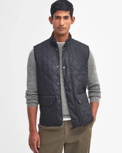 Barbour Gilet Lowerdale blu trapuntato a rombi con colletto in velluto marrone
