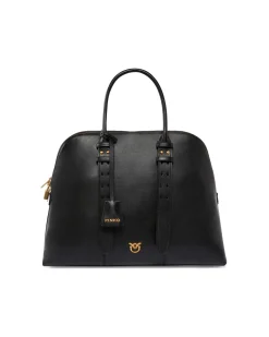 Bauletto nero Pinko in pelle liscia con manici regolabili e fibbia logo dorata sul davanti con lucchetto abbinato