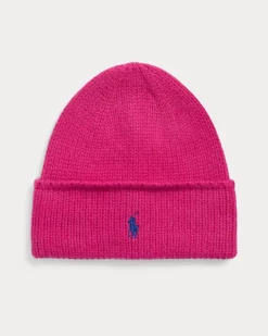Beanie fucsia in lana con logo blu ricamato sul risvolto