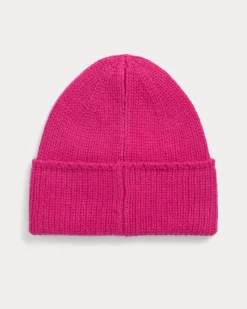 Beanie fucsia in lana con logo blu ricamato sul risvolto