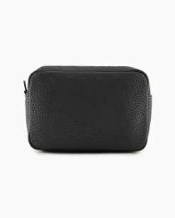 Beauty case Armani Exchange nero in similpelle martellata con logo scritta in metallo
