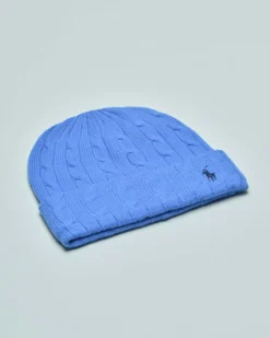 Berretto azzurro in lana misto cashmere a trecce con logo ricamato