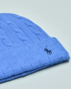 Berretto azzurro in lana misto cashmere a trecce con logo ricamato