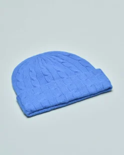 Berretto azzurro in lana misto cashmere a trecce con logo ricamato