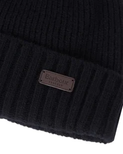 Berretto Barbour nero in lana con risvolto e logo patch applicato