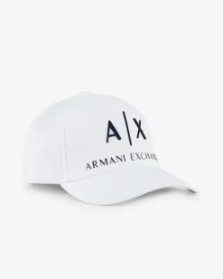 Berretto baseball Armani Exchange bianco in gabardina di puro cotone con maxi logo AX ricamato sul davanti
