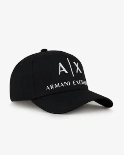 Berretto baseball Armani Exchange nero in gabardina di puro cotone con maxi logo AX ricamato sul davanti