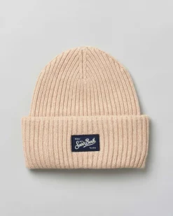 Berretto beige MC2 Saint Barth in lana e cashmere a coste con patch logo cucito sul risvolto