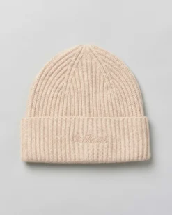 Berretto beige MC2 Saint Barth in lana a coste con scritta logo rosa ricamata sul risvolto