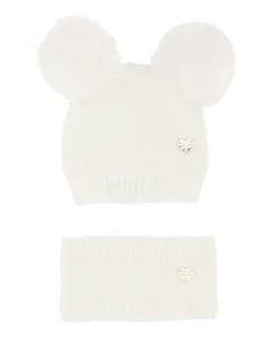 Berretto bianco con pom pom e scaldacollo Guess in misto viscosa
