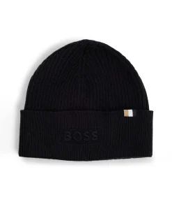 Berretto Boss nero in misto cotone e lana a costine