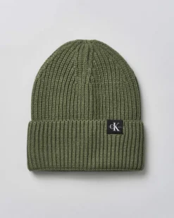 Berretto Calvin Klein verde militare in maglia tricot a costine