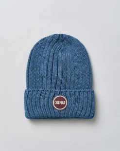 Berretto Colmar Originals blu indaco in lana a coste inglesi con logo bollo applicato