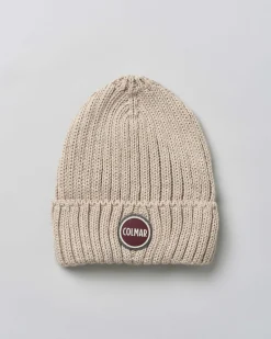 Berretto Colmar Originals beige in lana a coste inglesi con logo bollo applicato