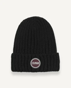 Berretto Colmar Originals nero in lana a coste inglesi con logo bollo applicato