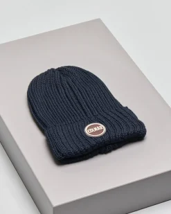 Berretto Colmar Originals blu in lana a coste inglesi con logo bollo applicato