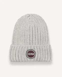 Berretto Colmar Originals grigio in lana a coste inglesi con logo bollo applicato