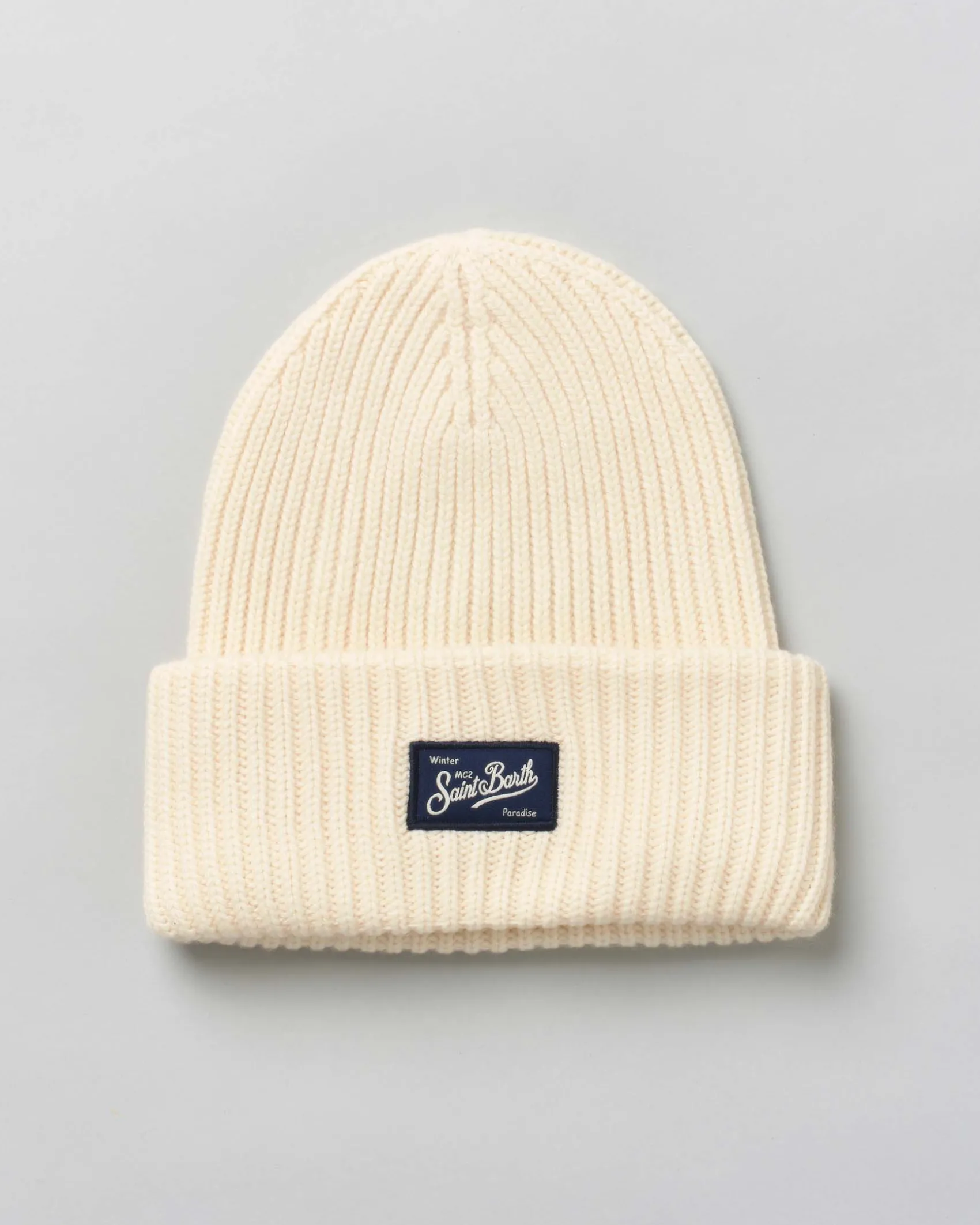 Berretto color avorio MC2 Saint Barth in lana e cashmere a coste con patch logo cucito sul risvolto