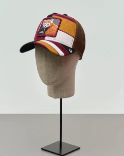 Berretto Dorbz trucker in velluto di cotone a blocchi multicolor con patch panda rosso
