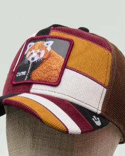 Berretto Dorbz trucker in velluto di cotone a blocchi multicolor con patch panda rosso