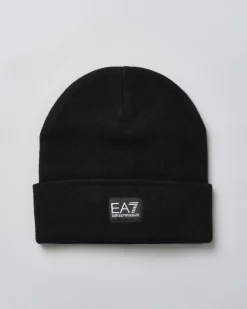 Berretto EA7 nero con risvolto e patch logo