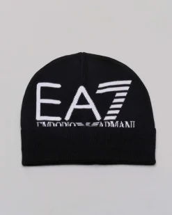 Berretto EA7 nero in maglia a costine con risvolto e maxi logo jacquard bianco sul davanti