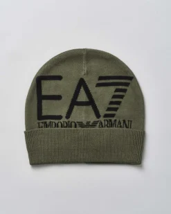 Berretto EA7 verde militare in maglia a costine con risvolto e maxi logo jacquard nero