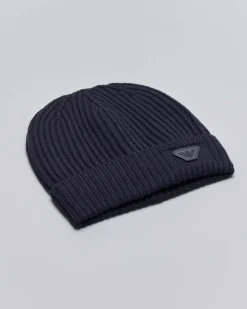 Berretto Emporio Armani blu in pura lana con risvolto e logo patch piccolo