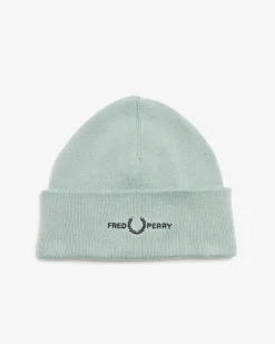Berretto Fred Perry verde acqua in misto lana e cotone con risvolto e logo ricamato