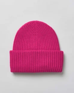 Berretto fucsia MC2 Saint Barth in lana e cashmere a coste con patch logo cucito sul risvolto
