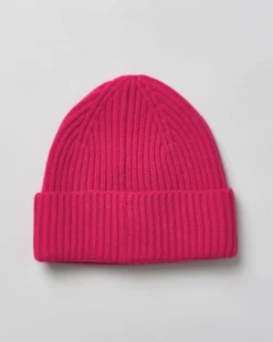 Berretto fucsia MC2 Saint Barth in lana a coste con scritta logo rosa ricamata sul risvolto