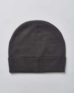 Berretto grigio antracite in maglia a costine con risvolto e maxi logo jacquard nero davanti