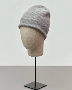 Berretto grigio in puro cashmere lavorato a coste con risvolto