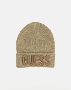 Berretto Guess beige in misto viscosa con scritta logo in tono colore