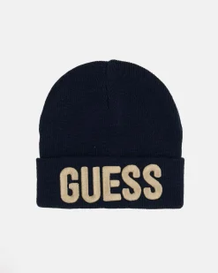 Berretto Guess blu in misto viscosa con scritta logo beige