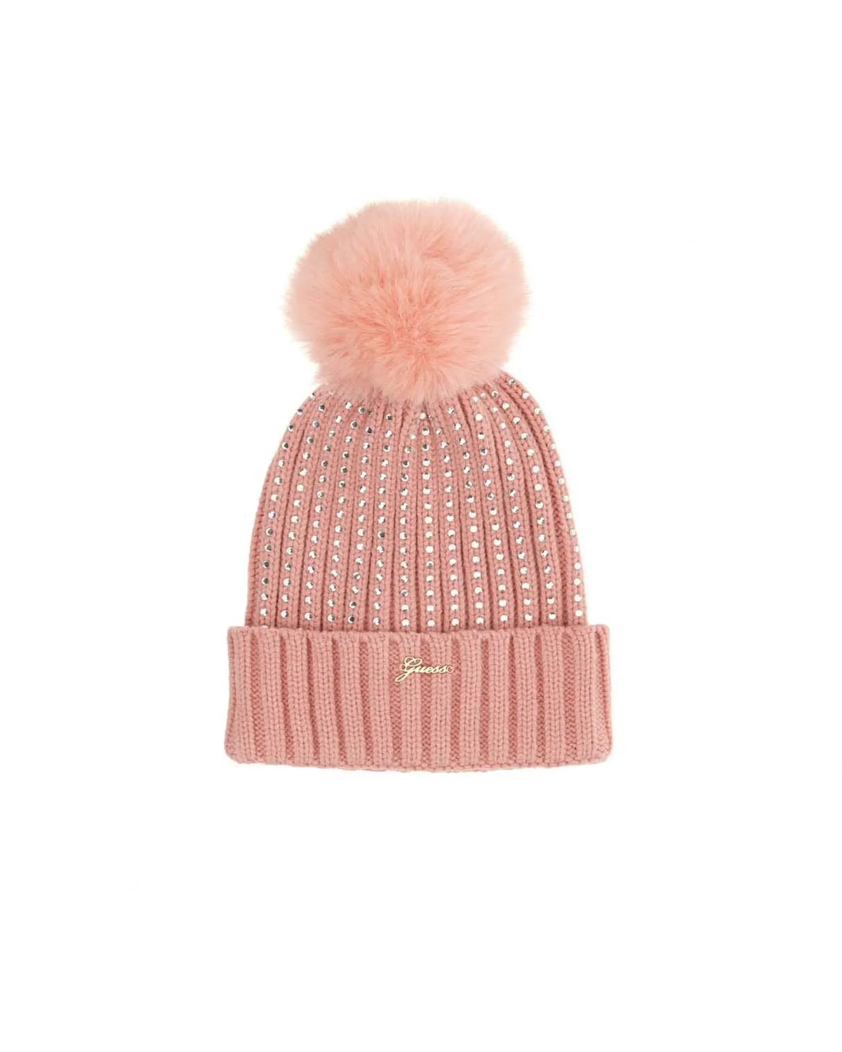 Berretto Guess rosa con pom pom e strass in misto viscosa