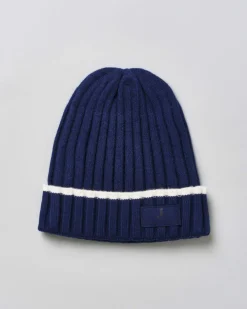 Berretto Jeckerson blu in maglia a coste e bordo bianco