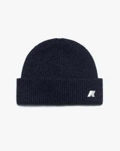 Berretto K-way blu in pura lana a costine con risvolto e patch logo