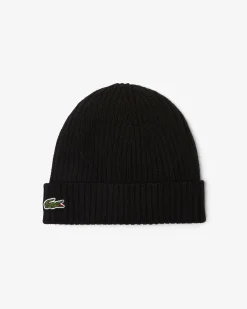 Berretto Lacoste nero in lana a coste con logo coccodrillo verde