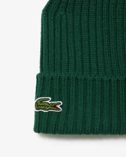 Berretto Lacoste verde in lana a coste con logo coccodrillo verde
