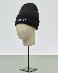 Berretto Levi's nero con risvolto e logo scritta bianca ricamata