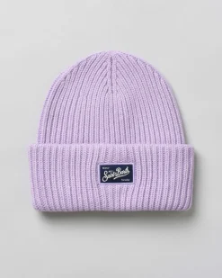 Berretto lilla MC2 Saint Barth in lana e cashmere a coste con patch logo cucito sul risvolto