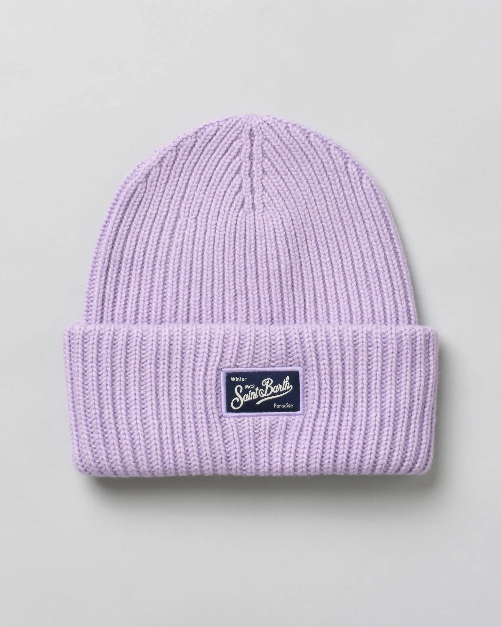 Berretto lilla MC2 Saint Barth in lana e cashmere a coste con patch logo cucito sul risvolto