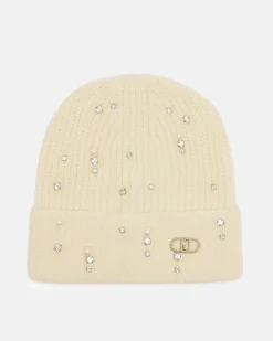 Berretto Liu Jo Accessories bianco in maglia con strass e perle